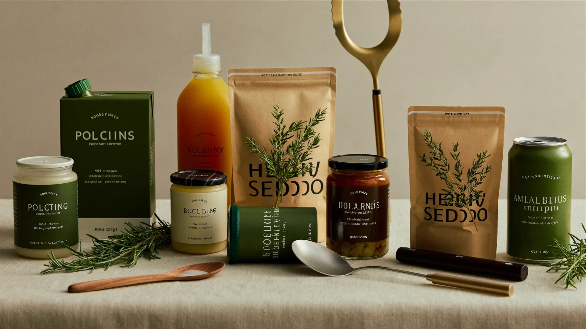 An editorial arrangement of premium foodservice supplies — sealed cartons, condiment jars, beverage cans, kraft ingredient pouches, fresh herbs and kitchen tools on warm cream linen.
