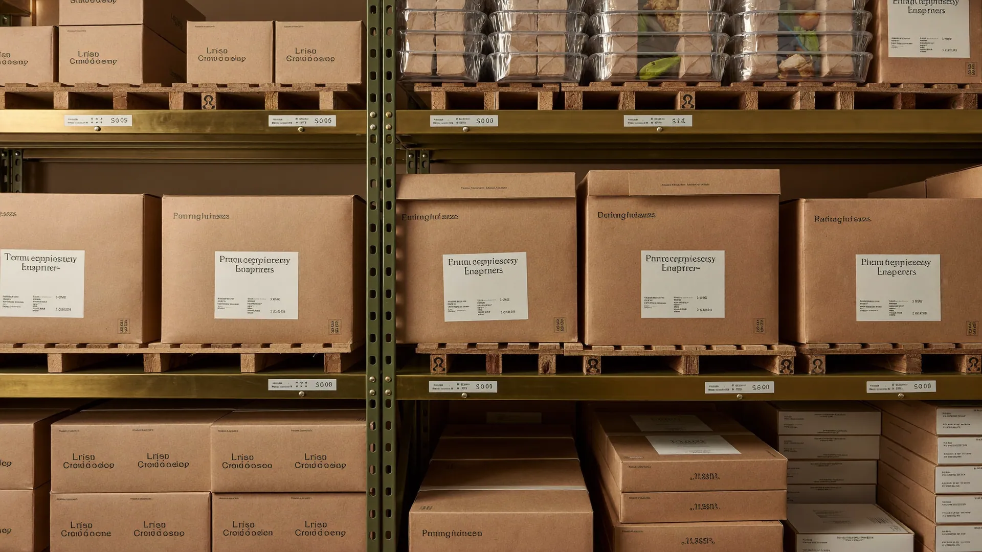 Organised inventory of sealed foodservice packs and dispatch-ready boxes on tidy shelving.