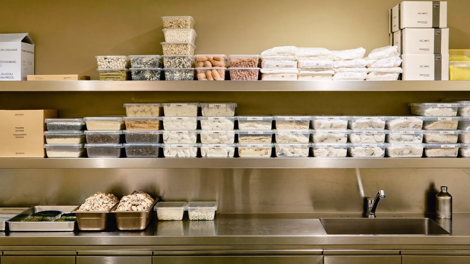 A modern cloud kitchen back-of-house with organised supply shelves and clean stainless counters.