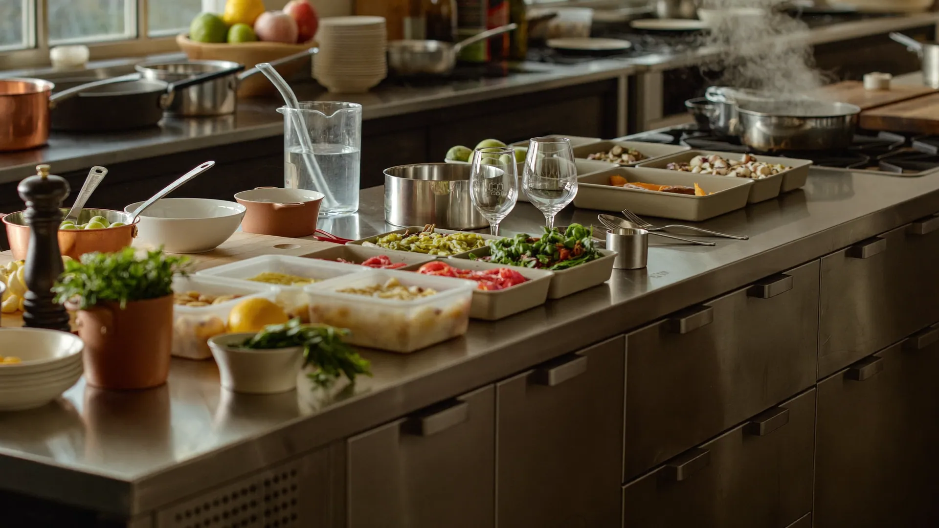 A clean professional restaurant kitchen prepared for service with organised stations and warm light.